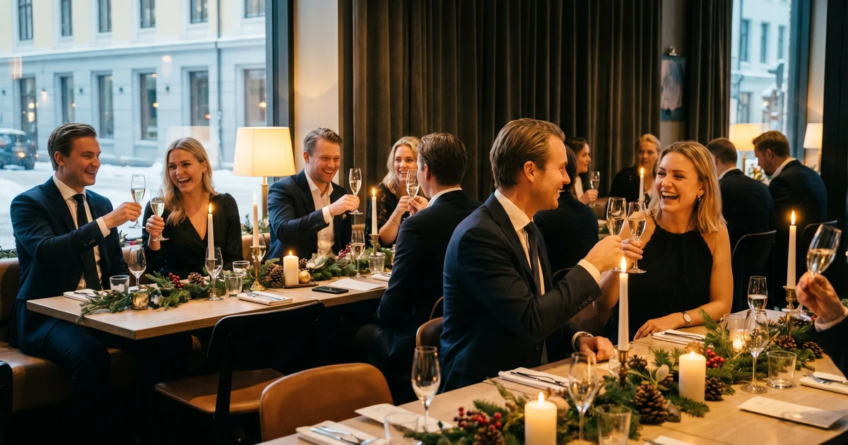 Firmafest og julebord — kolleger som skåler i et stilfullt lokale i Oslo